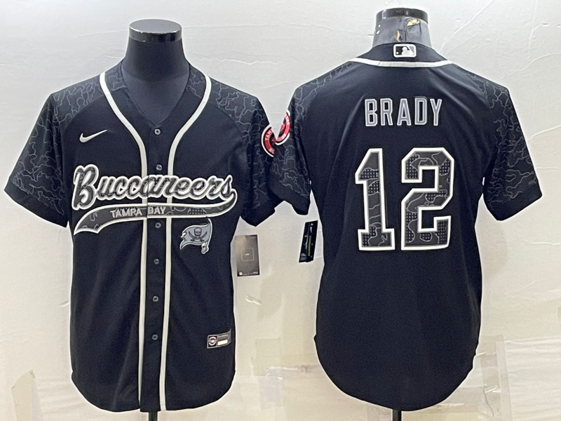 Men's Tampa Bay Buccaneers #12 Tom Brady Black Reflective With Patch Cool Base Stitched Baseball Jersey Men's Tampa Bay Buccaneers #12 Tom Brady Black Reflective With Patch Cool Base Stitched Baseball Jersey